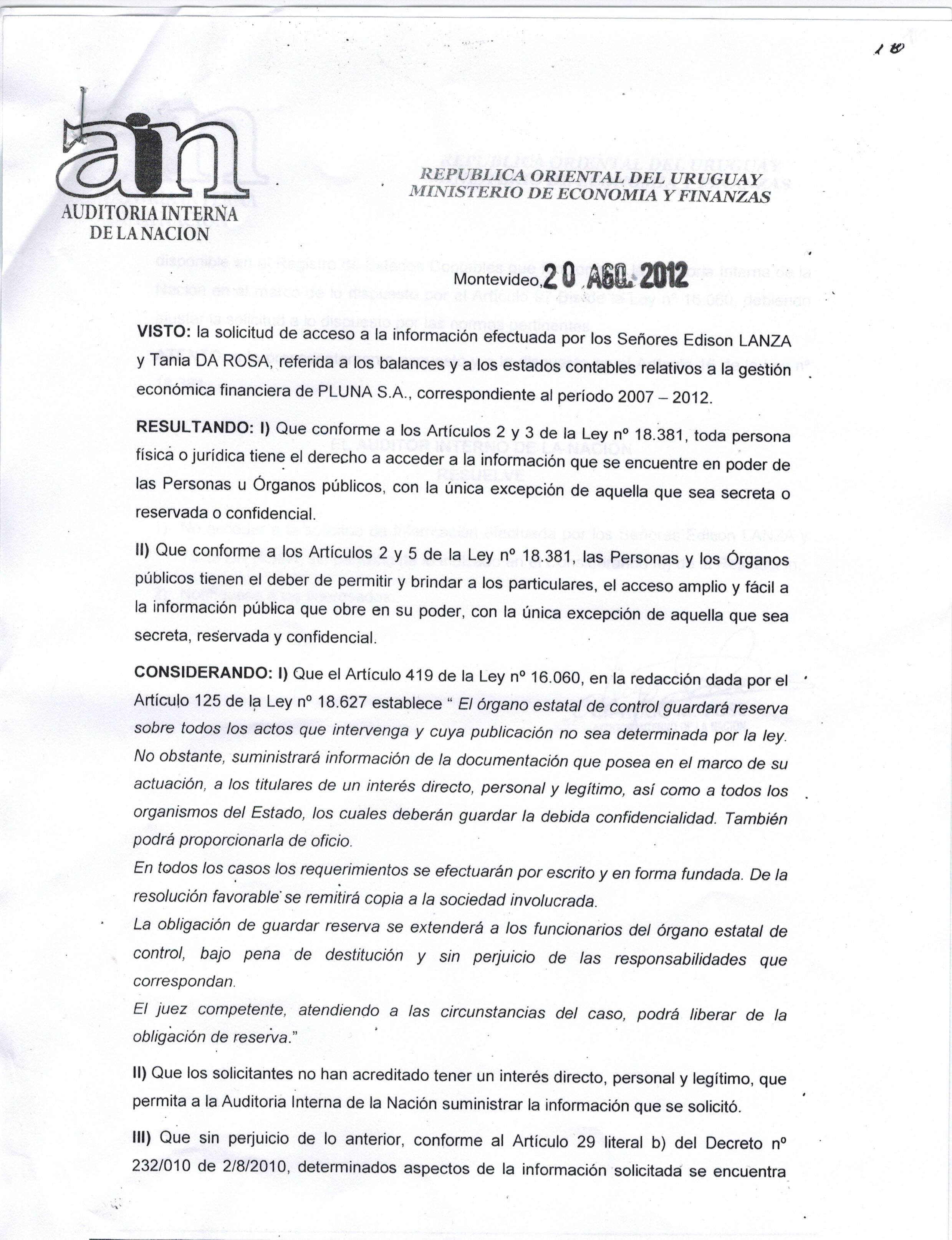 Respuesta de la Auditoría Interna de la Nación y PLUNA Ente Autónomo a las solicitudes de acceso a la información pública realizada por CAinfo