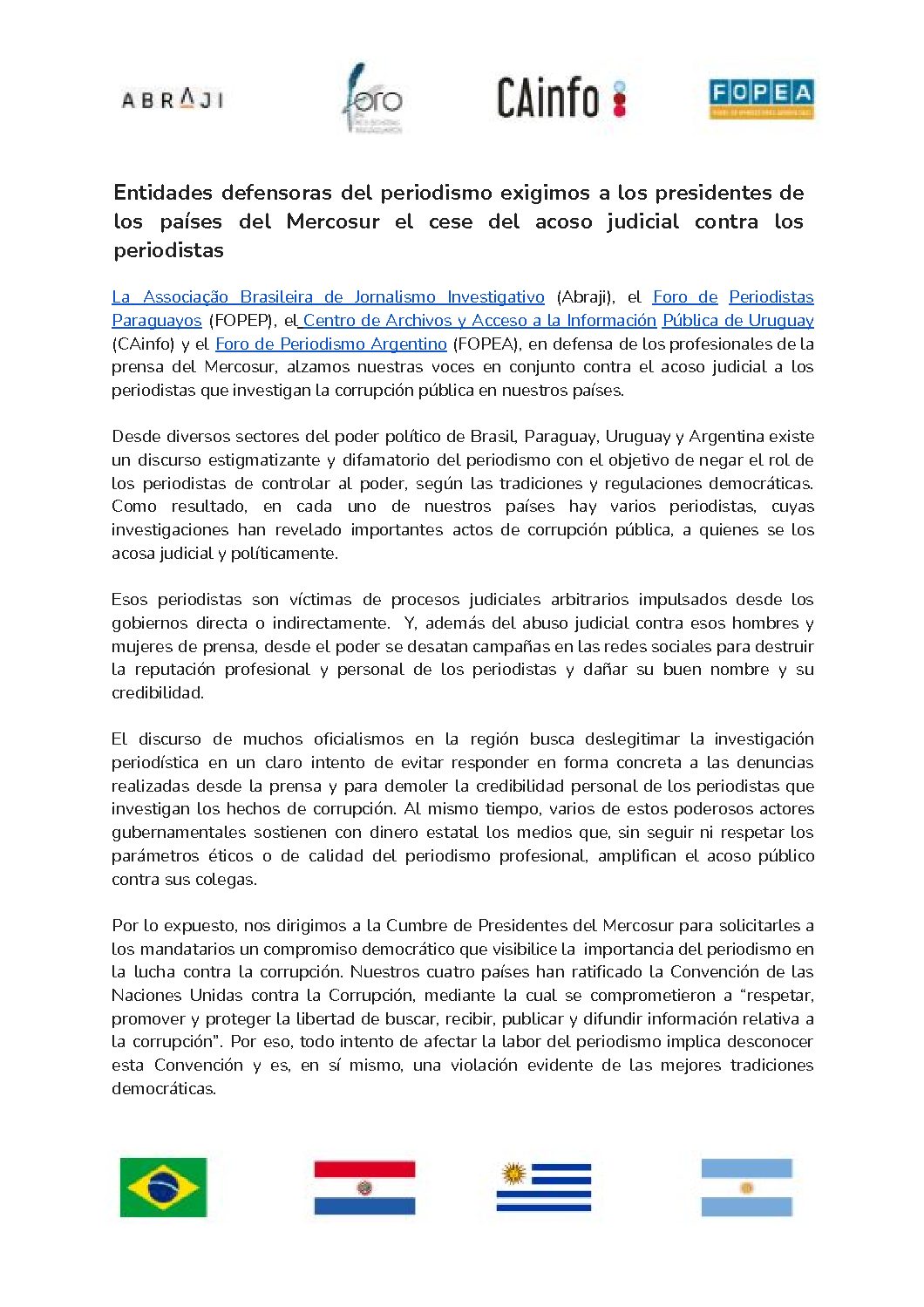 Entidades defensoras del periodismo exigimos a los presidentes de los países del Mercosur el cese del acoso judicial contra los periodistas